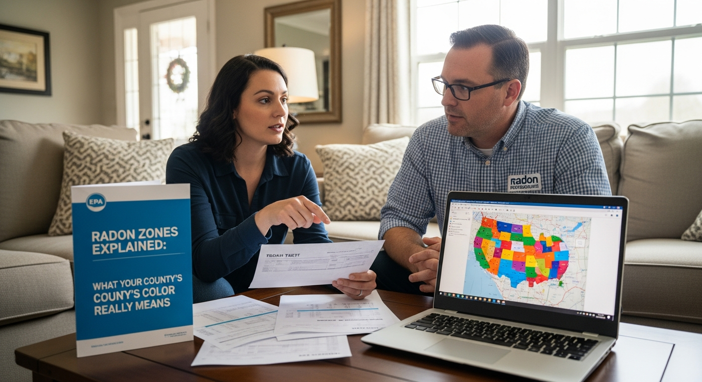 A homeowner and a certified radon professional reviewing radon test results together in a bright living room