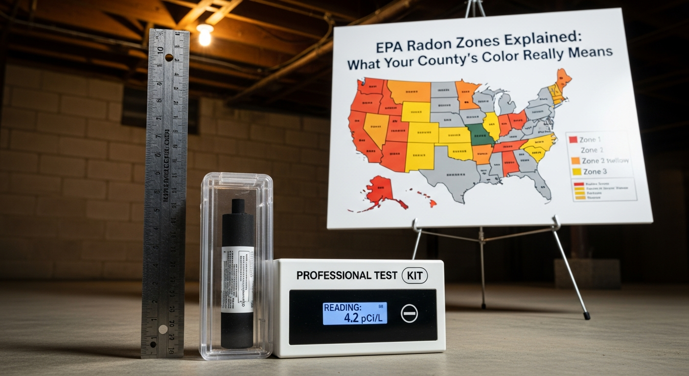 Close-up of a professional radon test kit device placed on a basement floor next to a ruler for scale