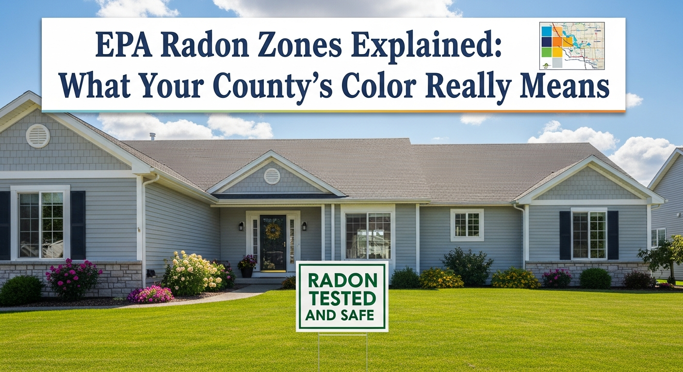 A clean residential home exterior with a "radon tested and safe" sign in the yard on a sunny day