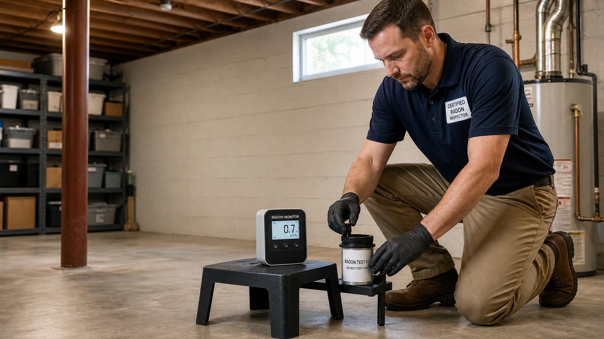 Radon inspector setting up test equipment in residential basement