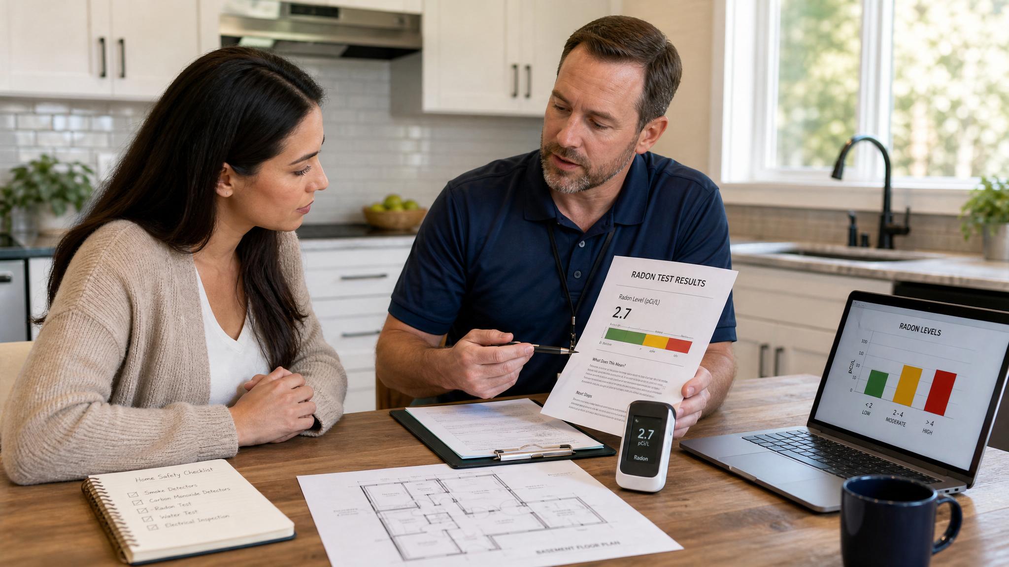Homeowner reviewing radon test results with inspector