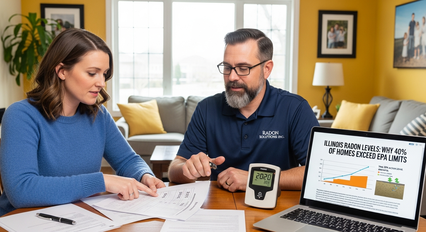 A homeowner and a certified radon professional reviewing radon test results together in a bright living room