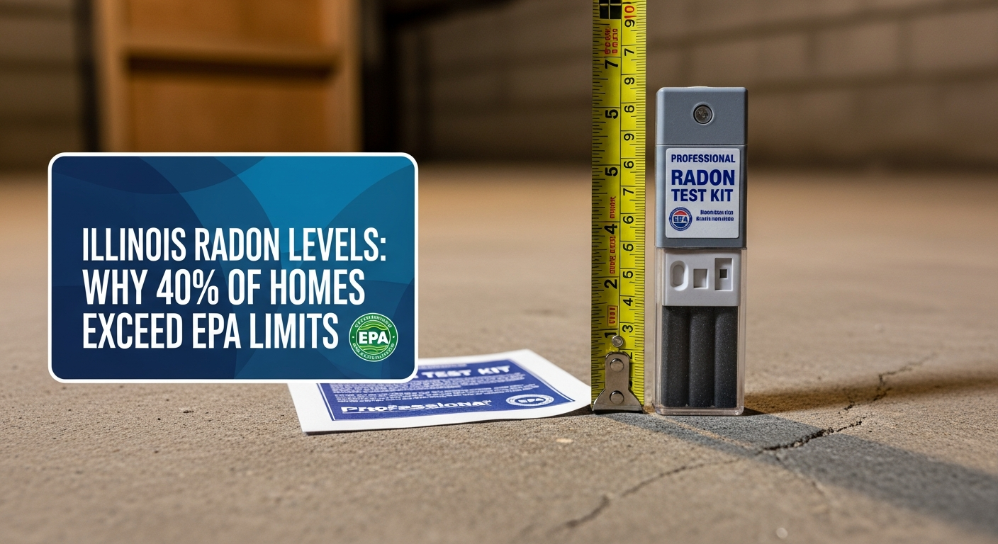 Close-up of a professional radon test kit device placed on a basement floor next to a ruler for scale