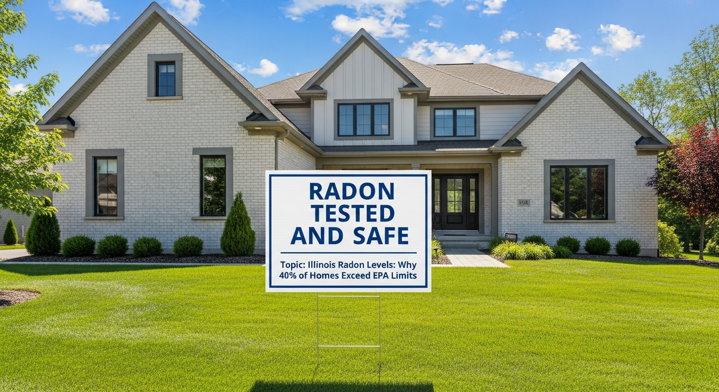 A clean residential home exterior with a "radon tested and safe" sign in the yard on a sunny day