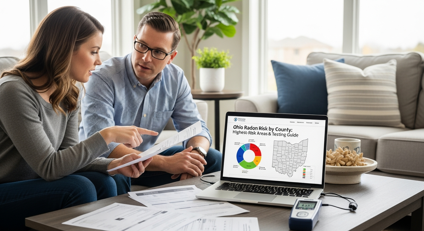 A homeowner and a certified radon professional reviewing radon test results together in a bright living room