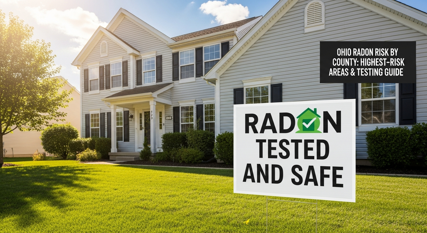 A clean residential home exterior with a "radon tested and safe" sign in the yard on a sunny day
