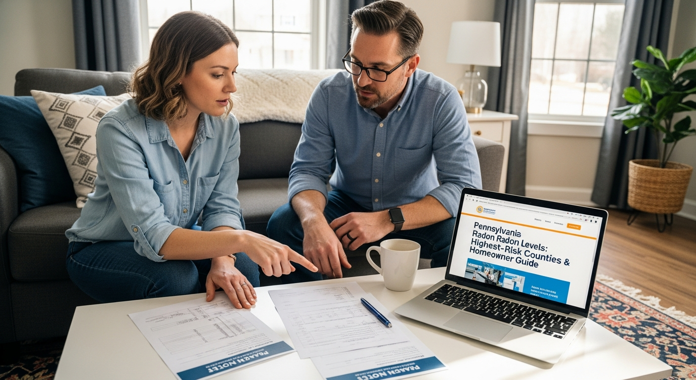 A homeowner and a certified radon professional reviewing radon test results together in a bright living room