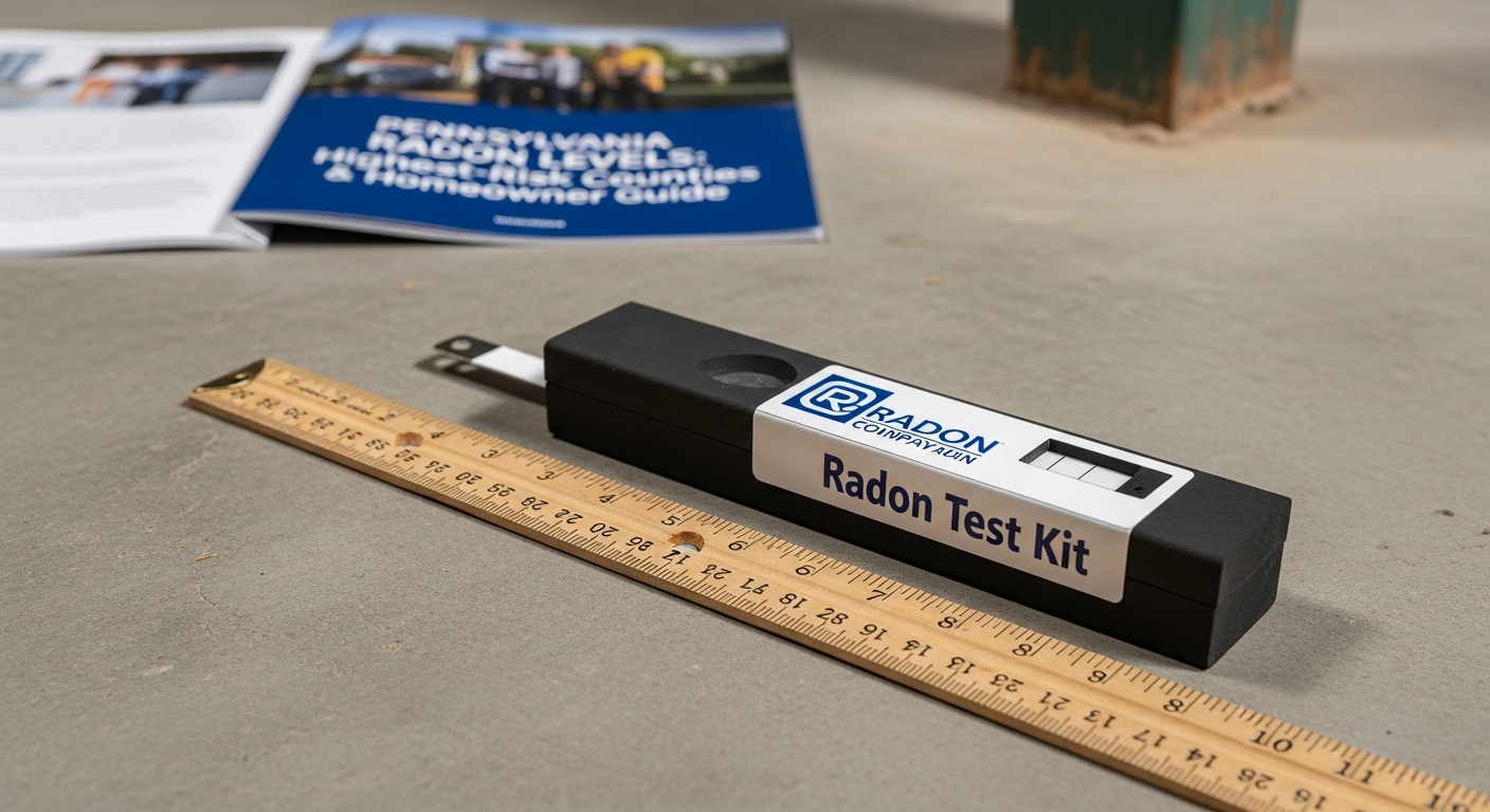 Close-up of a professional radon test kit device placed on a basement floor next to a ruler for scale