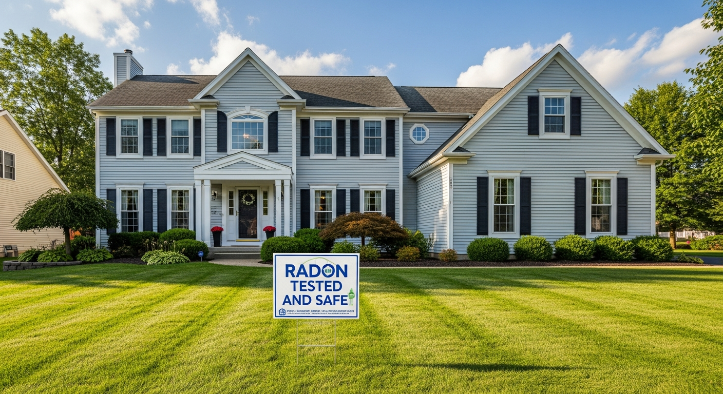 A clean residential home exterior with a "radon tested and safe" sign in the yard on a sunny day
