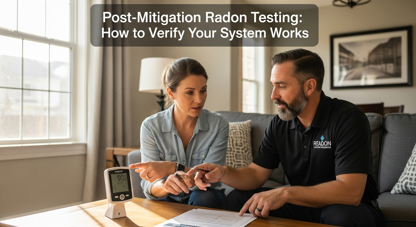 A homeowner and a certified radon professional reviewing radon test results together in a bright living room