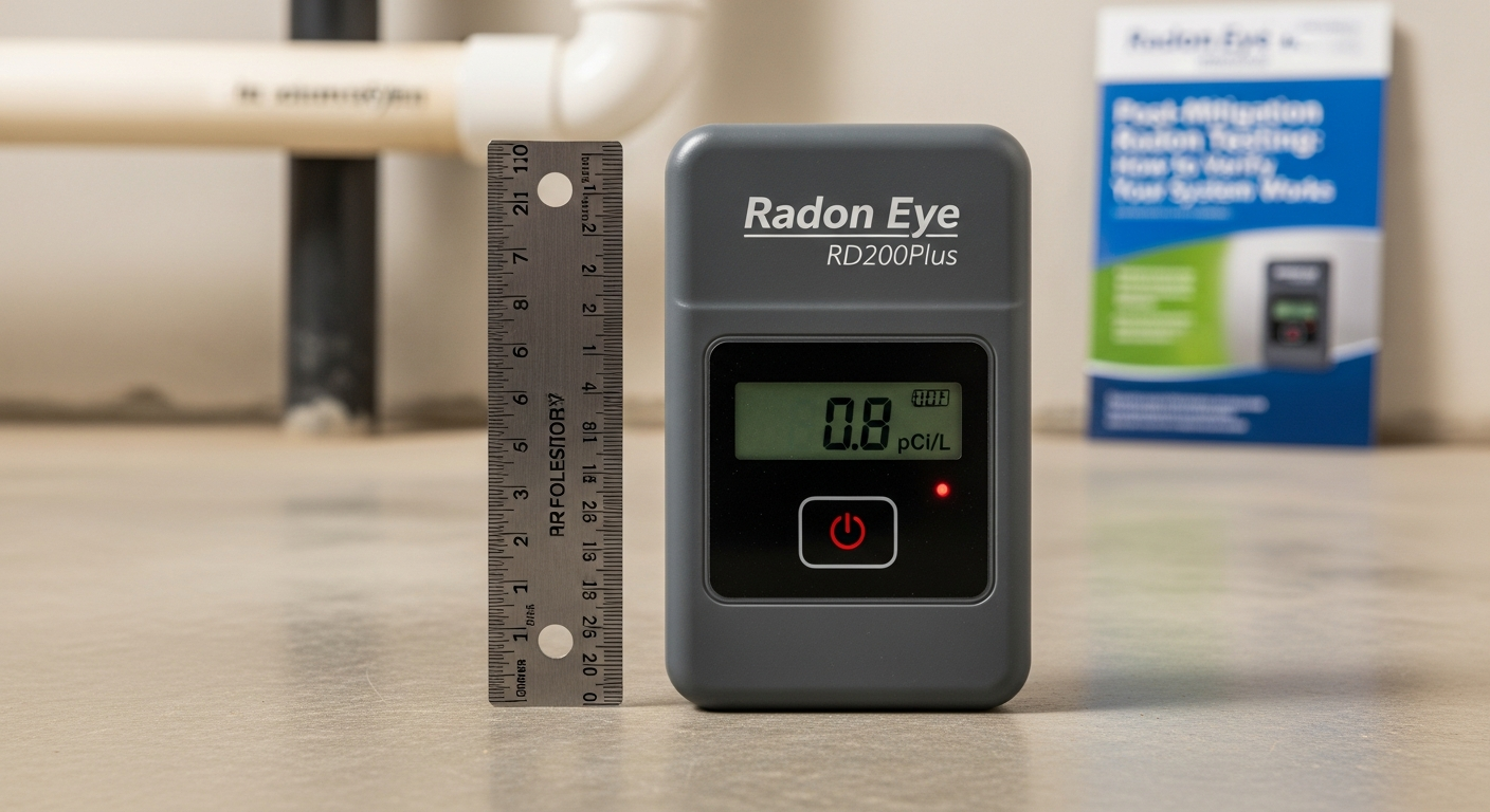 Close-up of a professional radon test kit device placed on a basement floor next to a ruler for scale