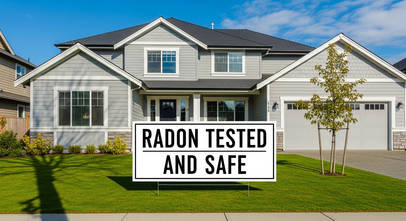 A clean residential home exterior with a "radon tested and safe" sign in the yard on a sunny day