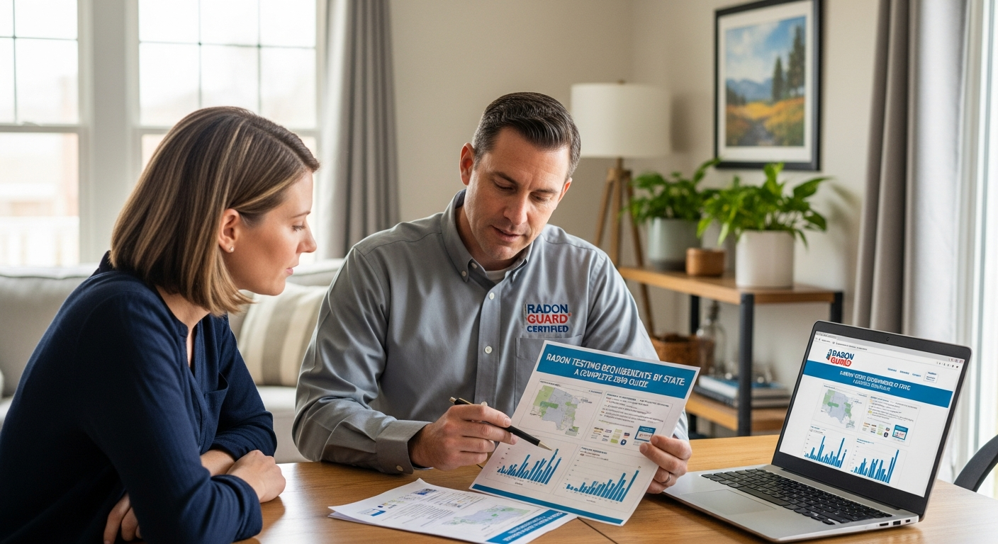 A homeowner and a certified radon professional reviewing radon test results together in a bright living room