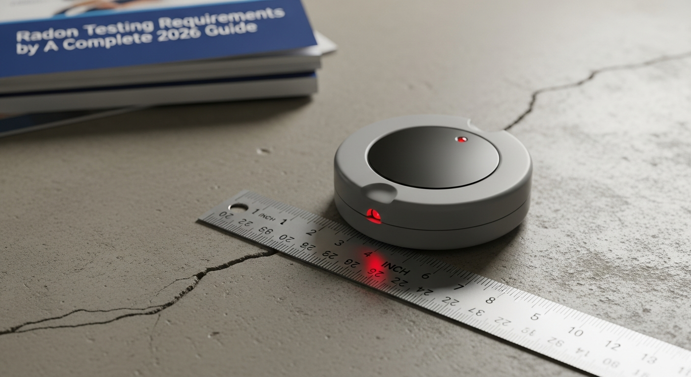 Close-up of a professional radon test kit device placed on a basement floor next to a ruler for scale
