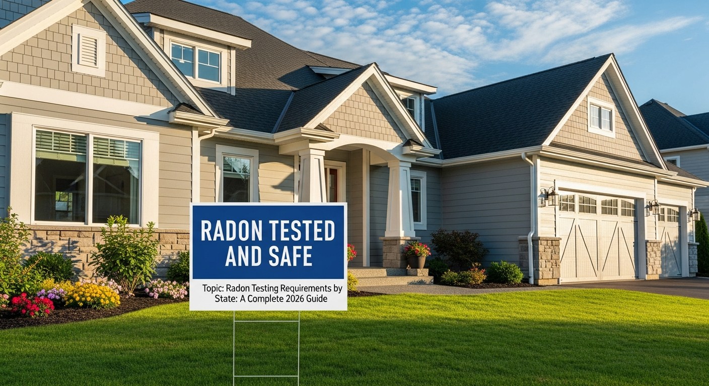 A clean residential home exterior with a "radon tested and safe" sign in the yard on a sunny day