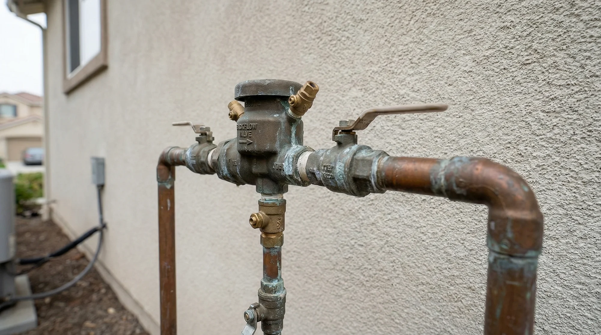 Residential backflow preventer assembly mounted on exposed pipes near an exterior wall