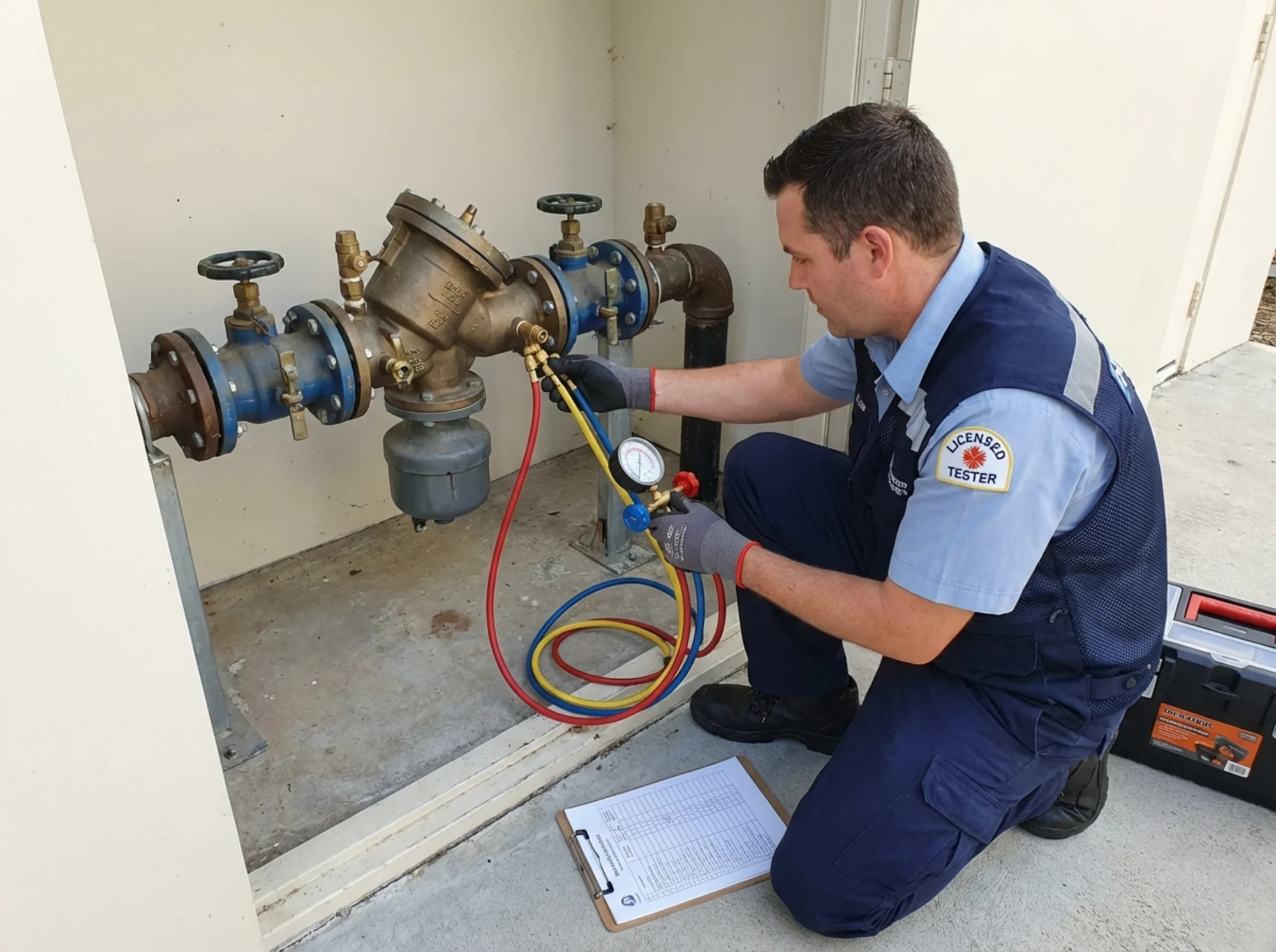 Backflow tester attaching a differential pressure gauge during an annual inspection