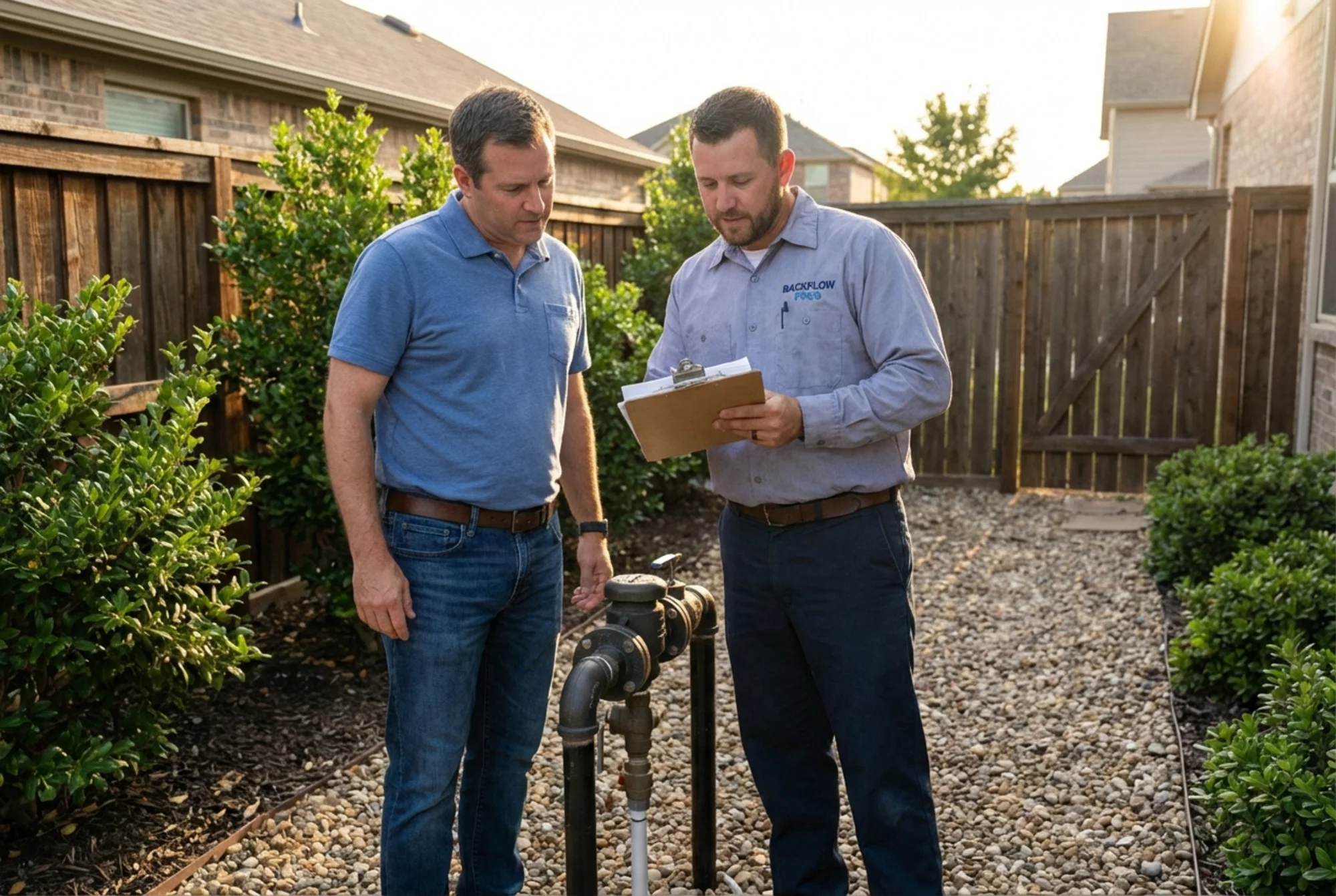 Homeowner and backflow testing professional reviewing paperwork beside an outdoor assembly