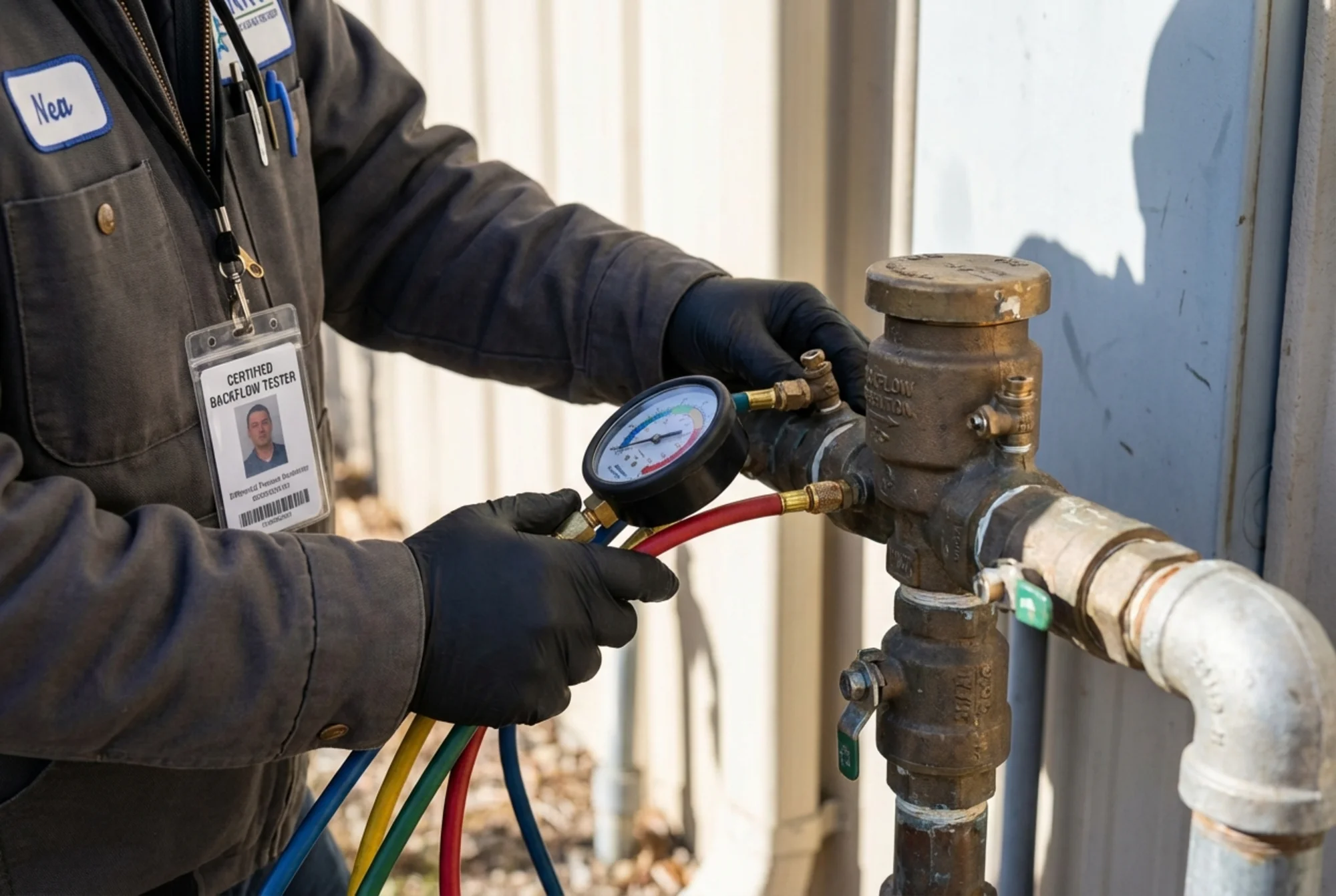 Certified backflow tester attaching a differential pressure gauge to a brass backflow prevention assembly